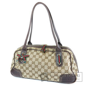 Gucci GG Canvas Princy Boston bag monogram leather trim red web